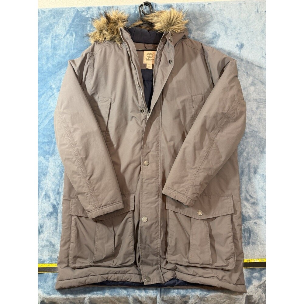 Timberland Waterproof Parka Jacket Men XL Gray Faux Fur Hood Quilted Insulated